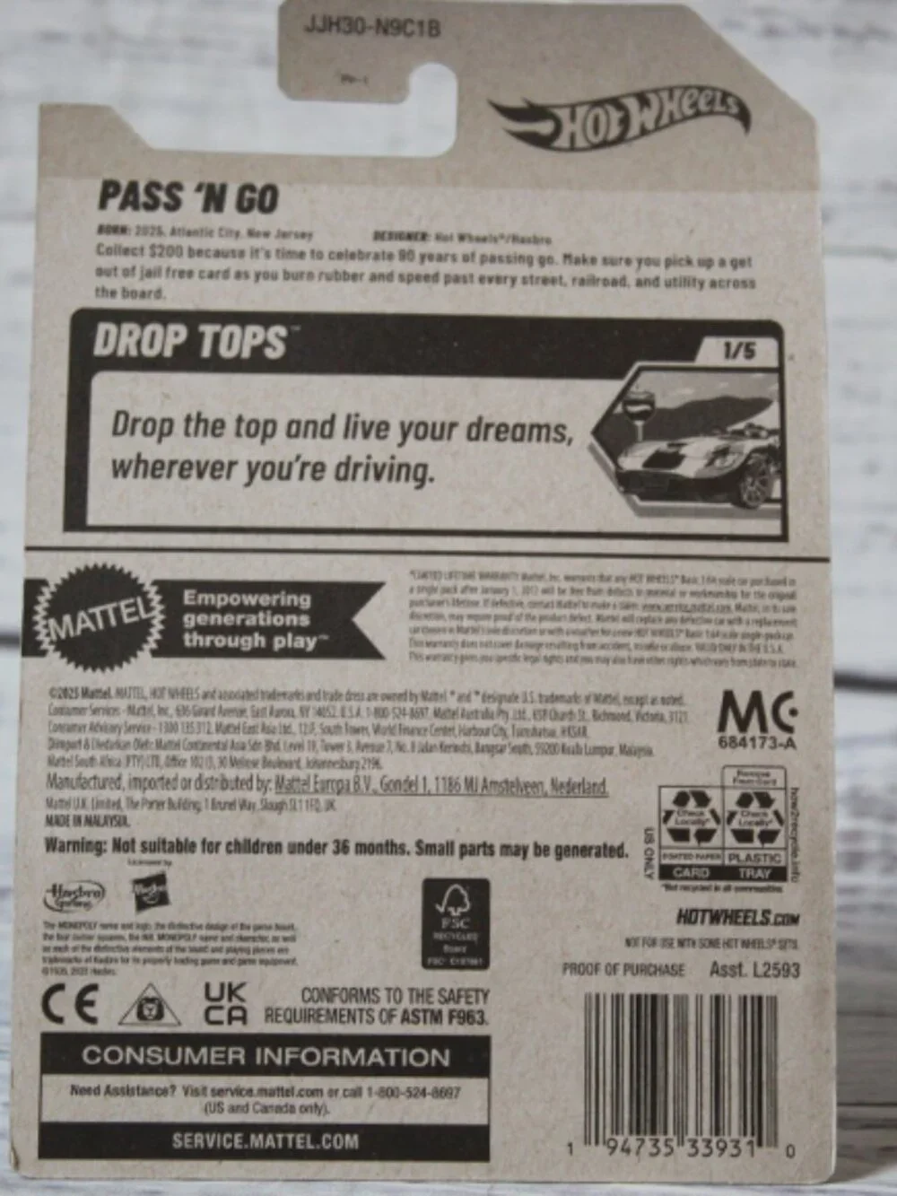 2026 Hot Wheels Silver Pass N Go 90 Years Monopoly Car
